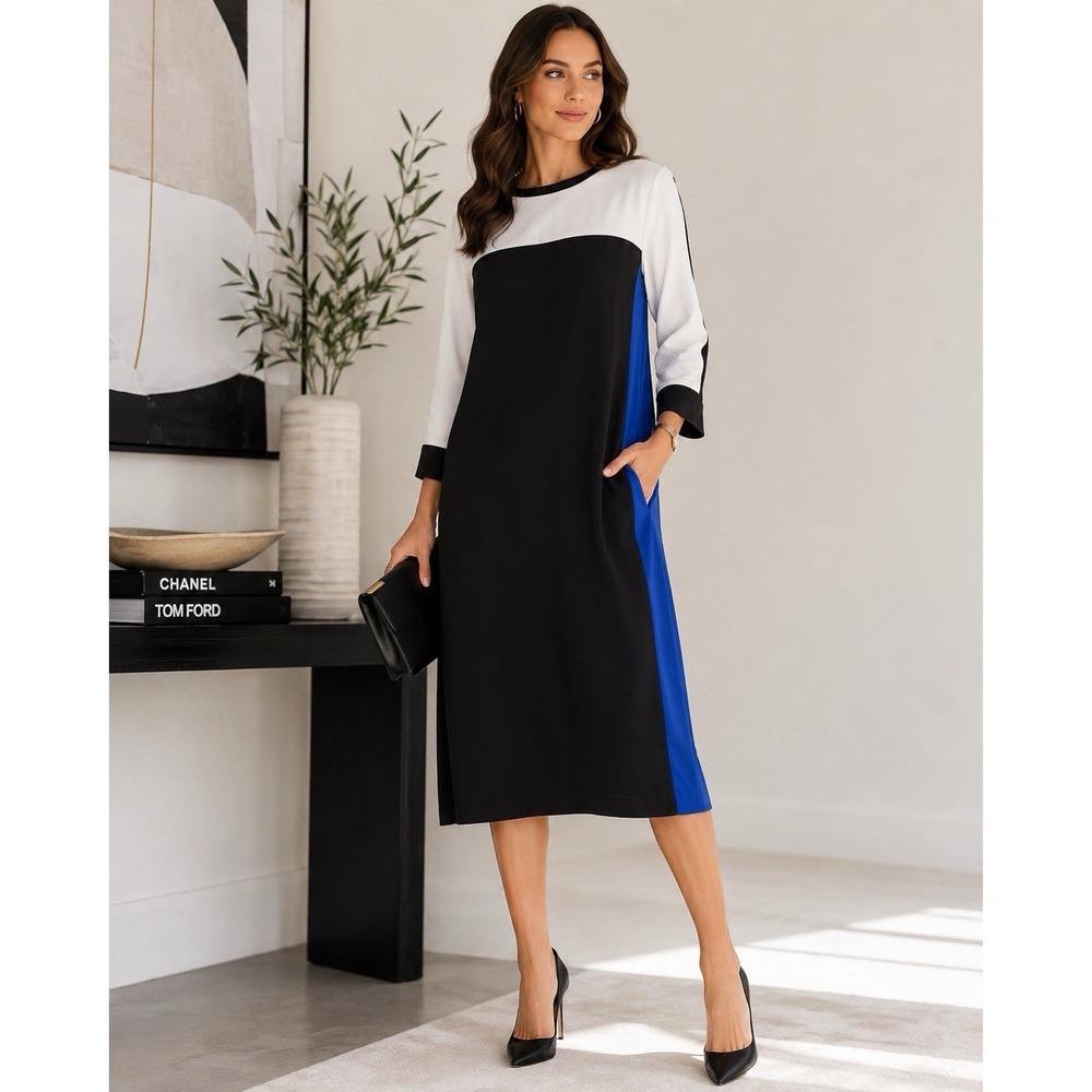 BCBGMAXAZRIA Colorblock Shift Dress Women Medium Black White Blue Minimalist
